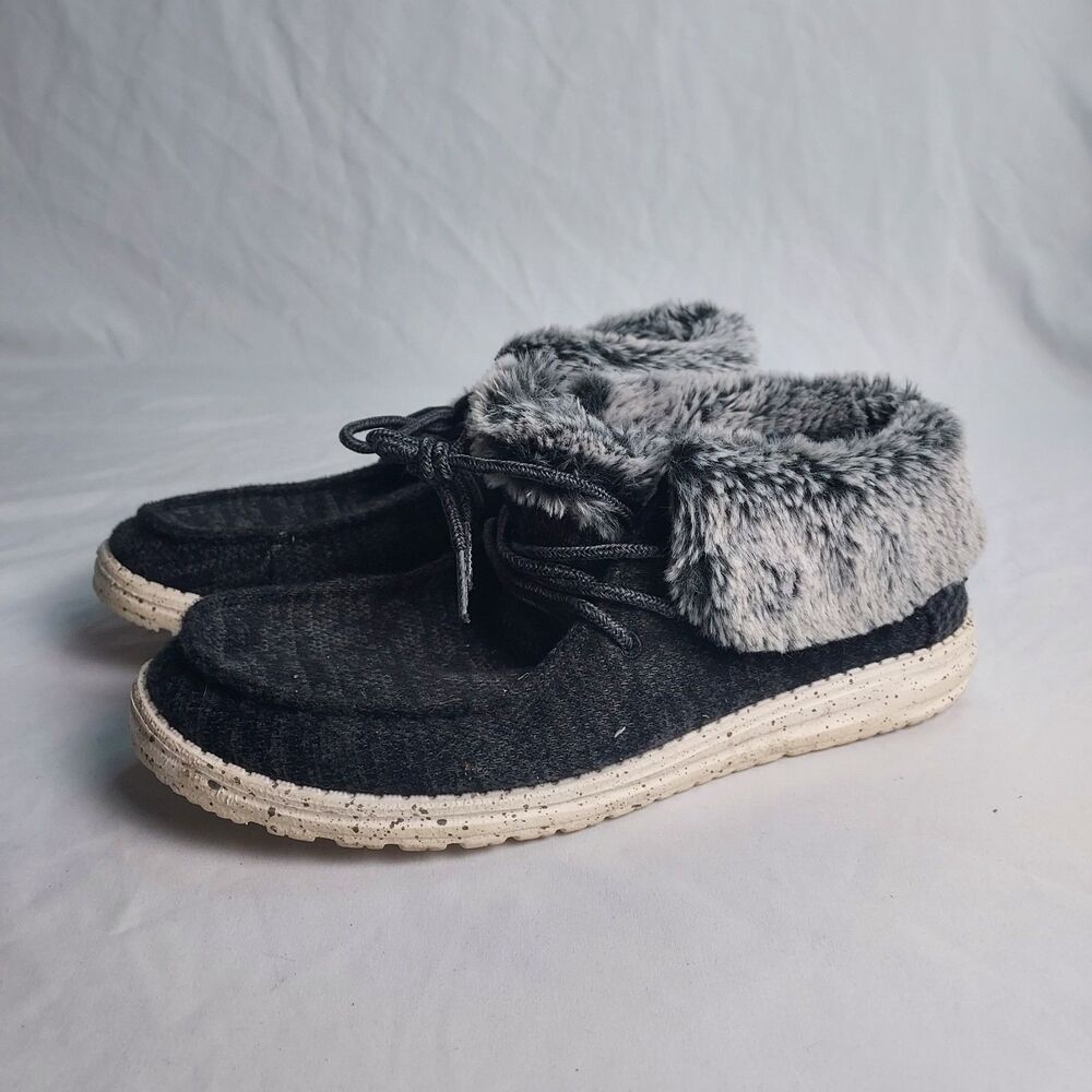 Hey Dude Britt Womens 9 Black Fur Lined Slip On Casual Comfort Shoes